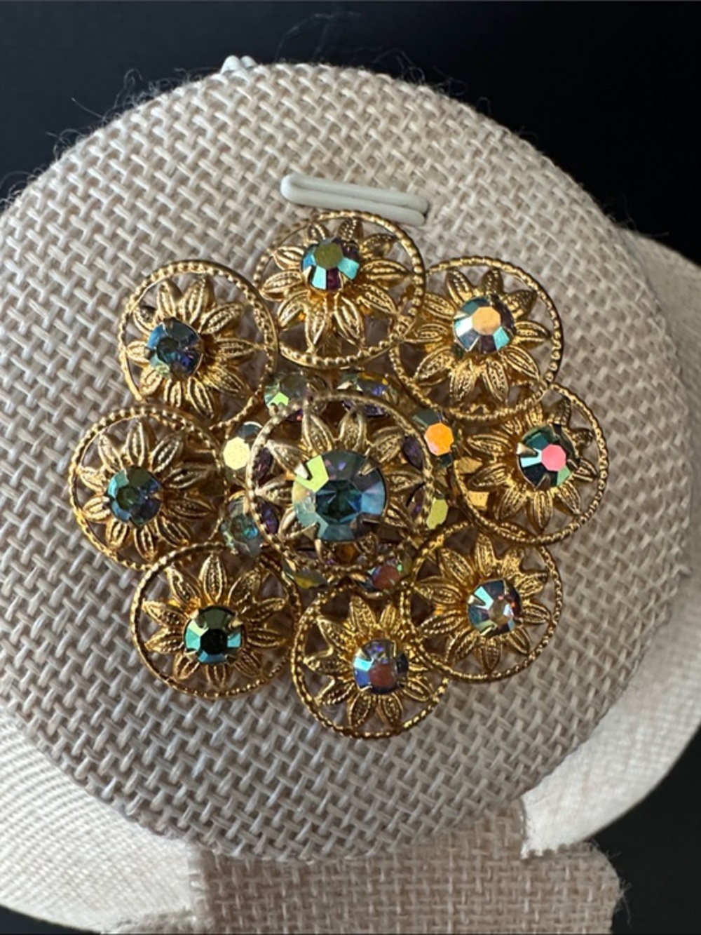 VTG Gold Tone Aurora Borealis Rhinestone Flower Cluster Brooch Pin 1950s/1960s